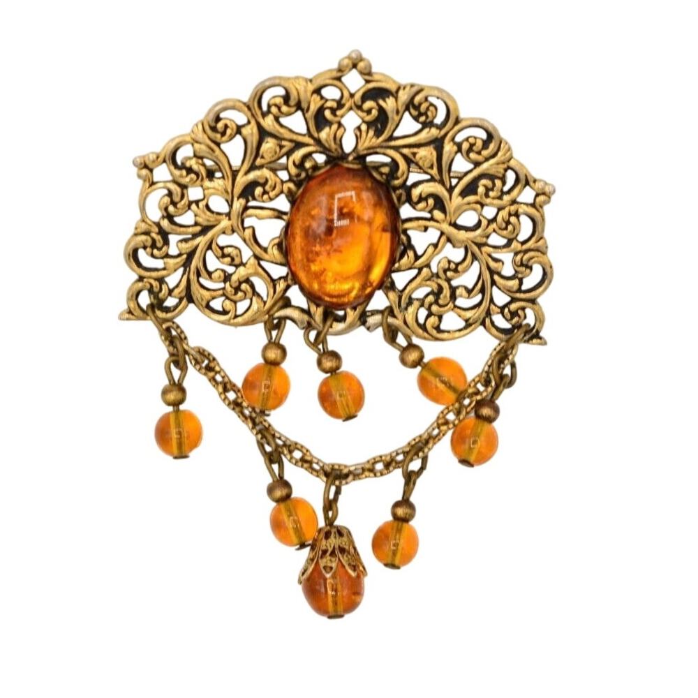 Vintage Cabochon Amber Brooch Pin Antiqued Gold Jelly Beaded Chain Dangle Bin5A